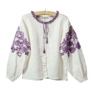 Karina Grimaldi Women's Appliqué Linen Blouse White  Size S Puff Sleeve NEW - AC